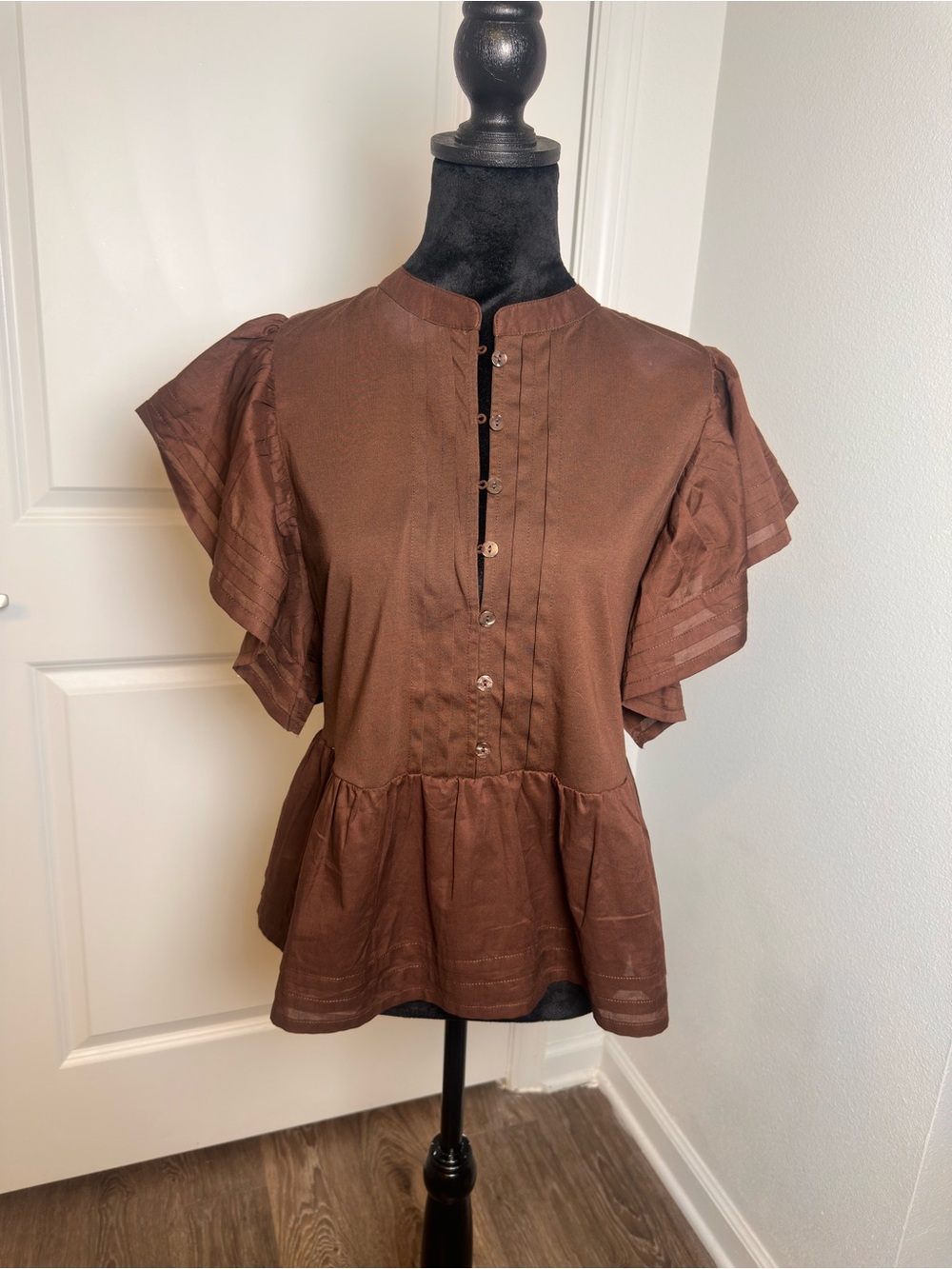 Andrew Marc Brown Ruffle Sleeve Peplum Button-Up Top / BNWT